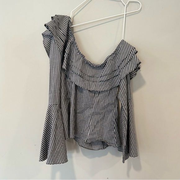 SCRIPTED BLOUSE, CHECKERED PATTERN ONE OFF SHOULDER RUFFLED SIZE LARGE 1644 - Picture 9 of 11